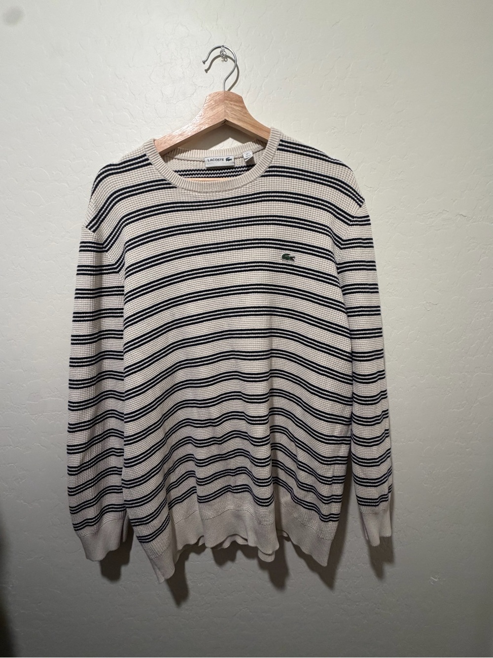 Lacoste Men’s Cream Crewneck Sweater with Black Stripes